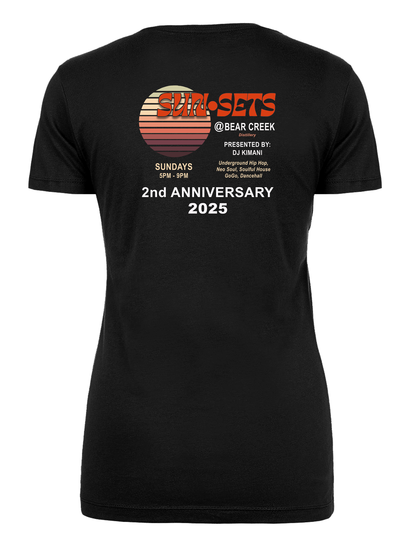 Sunsets with DJ KIMANI women's v-neck short sleeve t-shirt anniversary addition