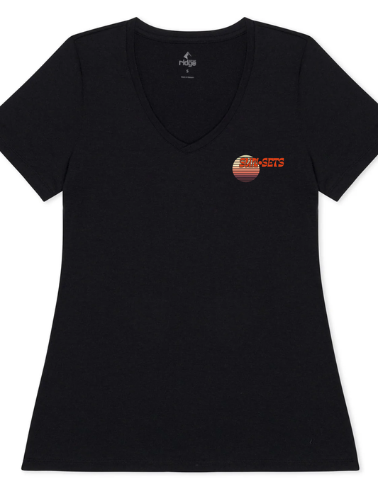 Sunsets with DJ KIMANI women's v-neck short sleeve t-shirt anniversary addition