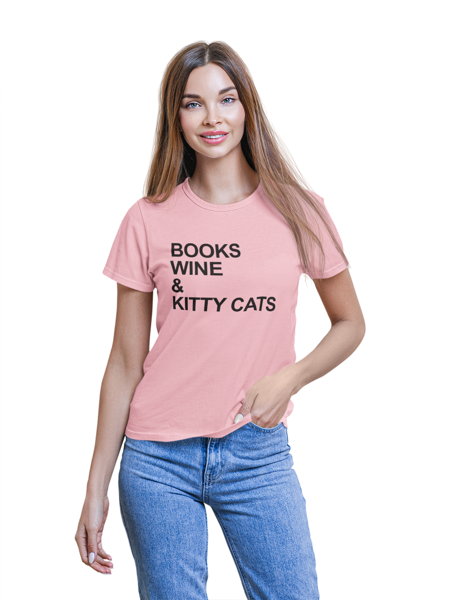 Books Wine and Kitty Cats women's fitted short sleeve t-shirt