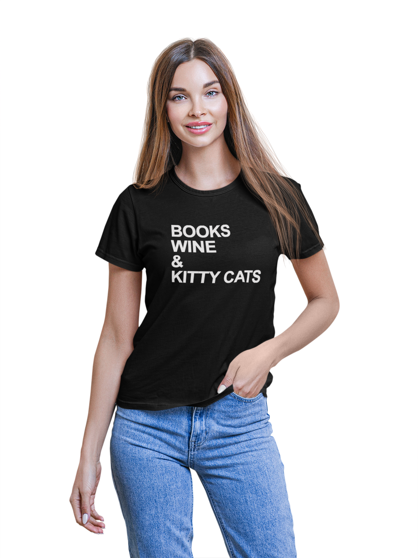Books Wine and Kitty Cats women's fitted short sleeve t-shirt