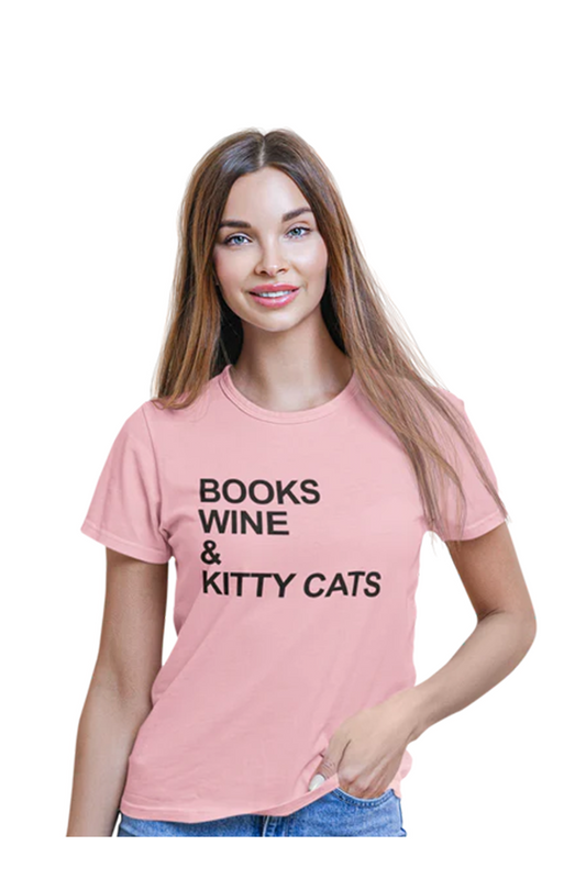 Books Wine and Kitty Cats women's fitted short sleeve t-shirt