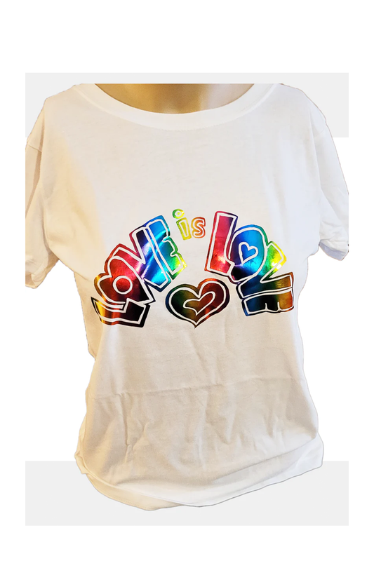 LOVE IS LOVE shiny rainbow graphic short sleeve medium women's t-shirt clearance