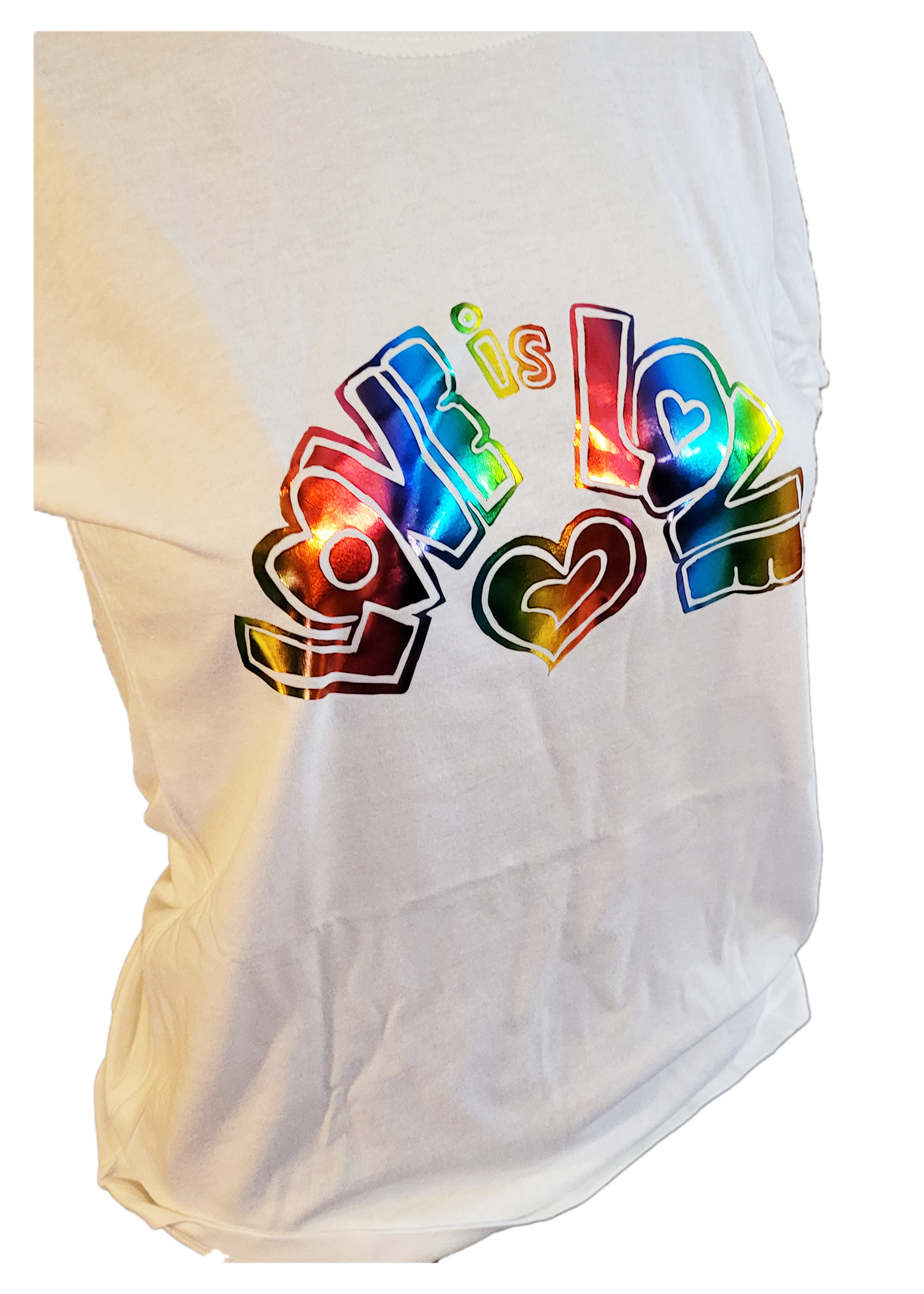 LOVE IS LOVE shiny rainbow graphic short sleeve medium women's t-shirt clearance