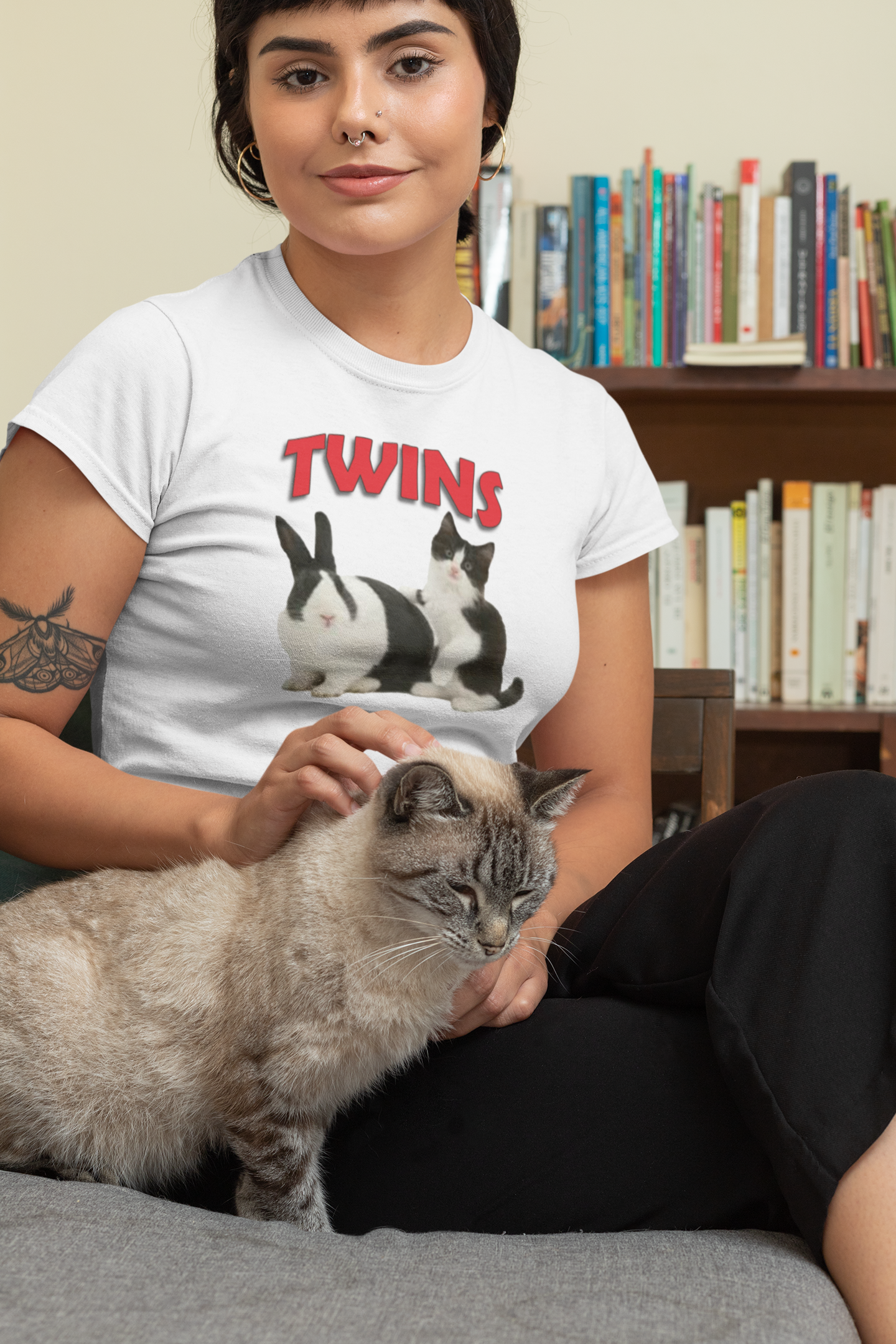 TWINS cute kitten and bunny rabbit Women's fitted t-shirt White