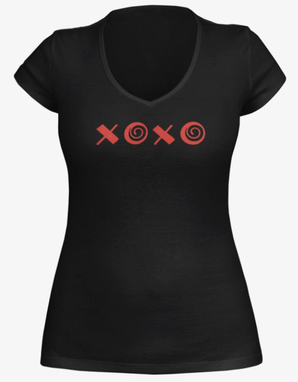 XOXO women's short sleeve v neck fitted t-shirt